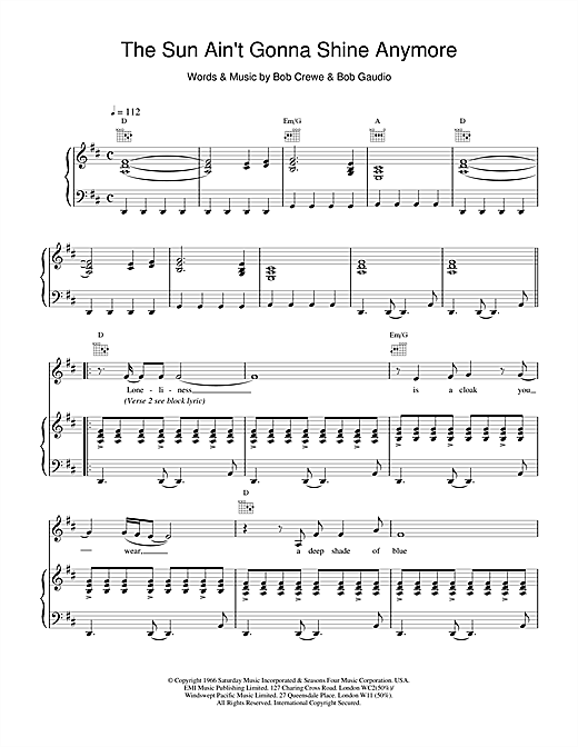 Preview Scott Walker The Sun Ain't Gonna Shine Anymore Rock sheet music, notes and chords for Piano, Vocal & Guitar, SKU: 18532 sheet music, piano notes, chords, guitar tabs, score, transpose, transcribe, how to play, guide, download, learn, tutorial, progression, song, artist, awards, billboard, mtv, vh1, tour, single, album, release