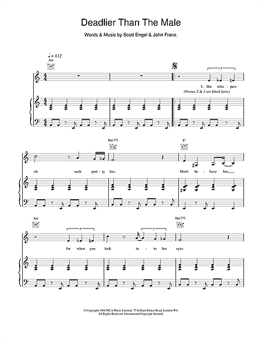 Preview Scott Walker Deadlier Than The Male Rock sheet music, notes and chords for Piano, Vocal & Guitar, SKU: 18533 sheet music, piano notes, chords, guitar tabs, score, transpose, transcribe, how to play, guide, download, learn, tutorial, progression, song, artist, awards, billboard, mtv, vh1, tour, single, album, release