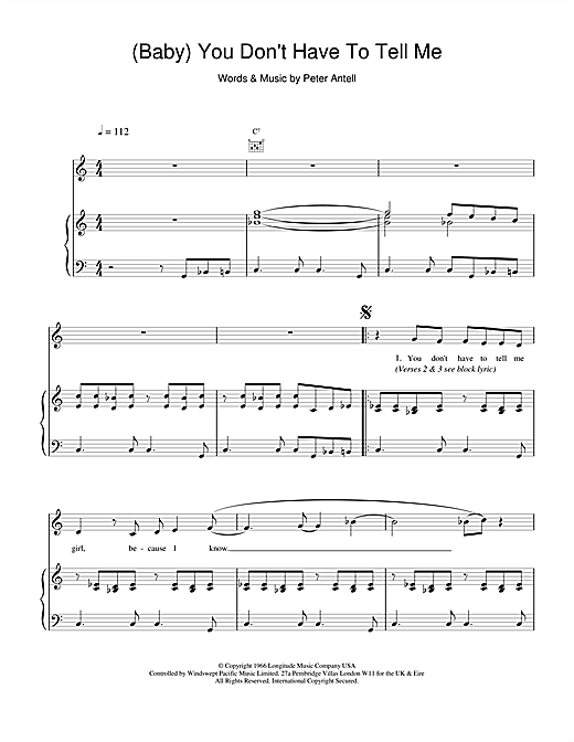 Preview Scott Walker (Baby) You Don't Have To Tell Me Rock sheet music, notes and chords for Piano, Vocal & Guitar, SKU: 18557 sheet music, piano notes, chords, guitar tabs, score, transpose, transcribe, how to play, guide, download, learn, tutorial, progression, song, artist, awards, billboard, mtv, vh1, tour, single, album, release