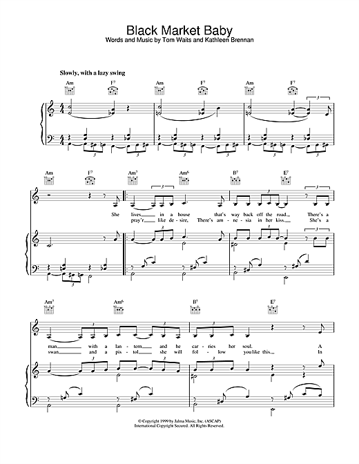 Preview Tom Waits Black Market Baby Rock sheet music, notes and chords for Piano, Vocal & Guitar (Right-Hand Melody), SKU: 18559 sheet music, piano notes, chords, guitar tabs, score, transpose, transcribe, how to play, guide, download, learn, tutorial, progression, song, artist, awards, billboard, mtv, vh1, tour, single, album, release