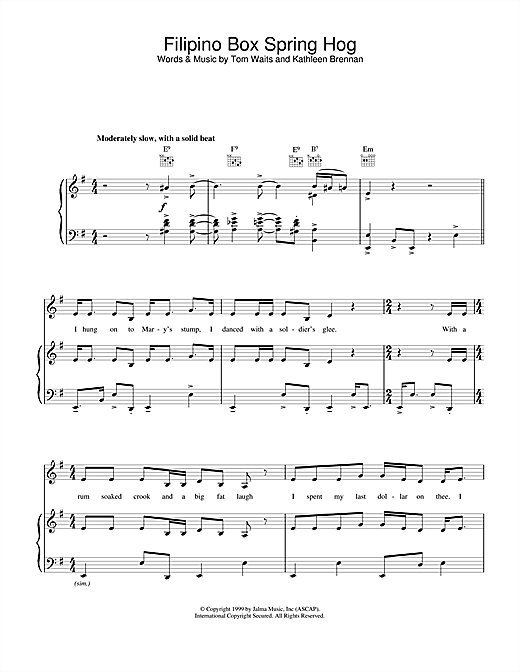 Preview Tom Waits Filipino Box Spring Hog Rock sheet music, notes and chords for Piano, Vocal & Guitar (Right-Hand Melody), SKU: 18562 sheet music, piano notes, chords, guitar tabs, score, transpose, transcribe, how to play, guide, download, learn, tutorial, progression, song, artist, awards, billboard, mtv, vh1, tour, single, album, release