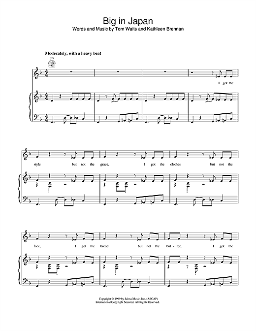 Preview Tom Waits Big in Japan Rock sheet music, notes and chords for Piano, Vocal & Guitar (Right-Hand Melody), SKU: 18563 sheet music, piano notes, chords, guitar tabs, score, transpose, transcribe, how to play, guide, download, learn, tutorial, progression, song, artist, awards, billboard, mtv, vh1, tour, single, album, release