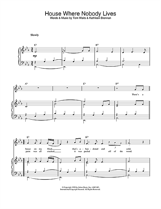 Preview Tom Waits House Where Nobody Lives Rock sheet music, notes and chords for Piano, Vocal & Guitar (Right-Hand Melody), SKU: 18564 sheet music, piano notes, chords, guitar tabs, score, transpose, transcribe, how to play, guide, download, learn, tutorial, progression, song, artist, awards, billboard, mtv, vh1, tour, single, album, release