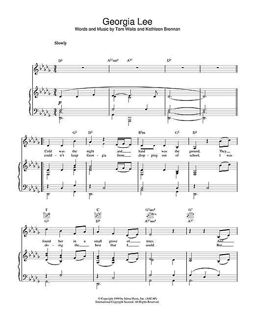Preview Tom Waits Georgia Lee Rock sheet music, notes and chords for Piano, Vocal & Guitar (Right-Hand Melody), SKU: 18565 sheet music, piano notes, chords, guitar tabs, score, transpose, transcribe, how to play, guide, download, learn, tutorial, progression, song, artist, awards, billboard, mtv, vh1, tour, single, album, release