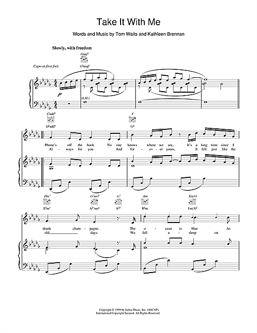 Preview Tom Waits Take It With Me Rock sheet music, notes and chords for Piano, Vocal & Guitar (Right-Hand Melody), SKU: 18572 sheet music, piano notes, chords, guitar tabs, score, transpose, transcribe, how to play, guide, download, learn, tutorial, progression, song, artist, awards, billboard, mtv, vh1, tour, single, album, release