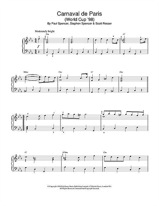 Preview Dario G Carnaval de Paris (World Cup '98) Film and TV sheet music, notes and chords for Piano, SKU: 18580 sheet music, piano notes, chords, guitar tabs, score, transpose, transcribe, how to play, guide, download, learn, tutorial, progression, song, artist, awards, billboard, mtv, vh1, tour, single, album, release