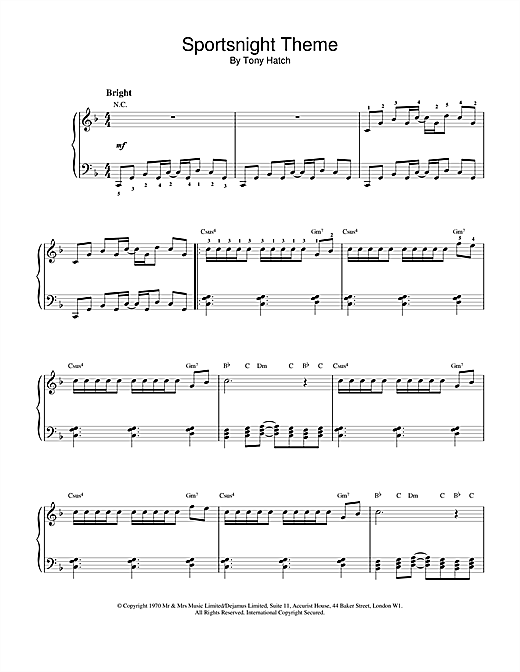 Preview Tony Hatch Sportsnight Theme Film and TV sheet music, notes and chords for Piano, SKU: 18582 sheet music, piano notes, chords, guitar tabs, score, transpose, transcribe, how to play, guide, download, learn, tutorial, progression, song, artist, awards, billboard, mtv, vh1, tour, single, album, release