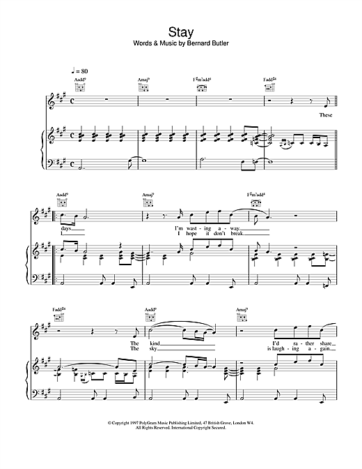 Preview Bernard Butler Stay Indie sheet music, notes and chords for Piano, Vocal & Guitar (Right-Hand Melody), SKU: 18584 sheet music, piano notes, chords, guitar tabs, score, transpose, transcribe, how to play, guide, download, learn, tutorial, progression, song, artist, awards, billboard, mtv, vh1, tour, single, album, release