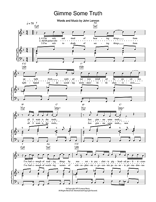 Preview John Lennon Gimme Some Truth Pop sheet music, notes and chords for Piano, Vocal & Guitar, SKU: 18587 sheet music, piano notes, chords, guitar tabs, score, transpose, transcribe, how to play, guide, download, learn, tutorial, progression, song, artist, awards, billboard, mtv, vh1, tour, single, album, release