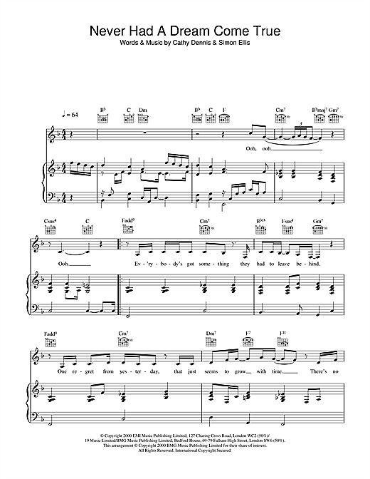 Preview S Club 7 Never Had A Dream Come True Pop sheet music, notes and chords for Piano, Vocal & Guitar, SKU: 18589 sheet music, piano notes, chords, guitar tabs, score, transpose, transcribe, how to play, guide, download, learn, tutorial, progression, song, artist, awards, billboard, mtv, vh1, tour, single, album, release