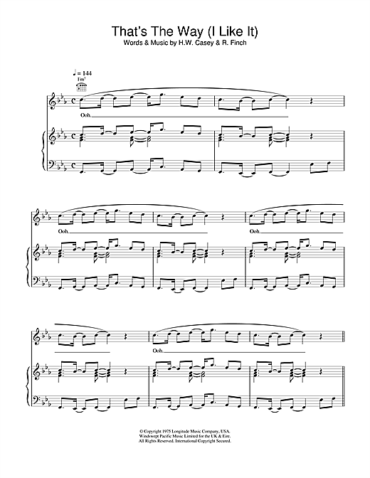 Preview KC and The Sunshine Band That's The Way (I Like It) Pop sheet music, notes and chords for Piano, Vocal & Guitar (Right-Hand Melody), SKU: 18590 sheet music, piano notes, chords, guitar tabs, score, transpose, transcribe, how to play, guide, download, learn, tutorial, progression, song, artist, awards, billboard, mtv, vh1, tour, single, album, release