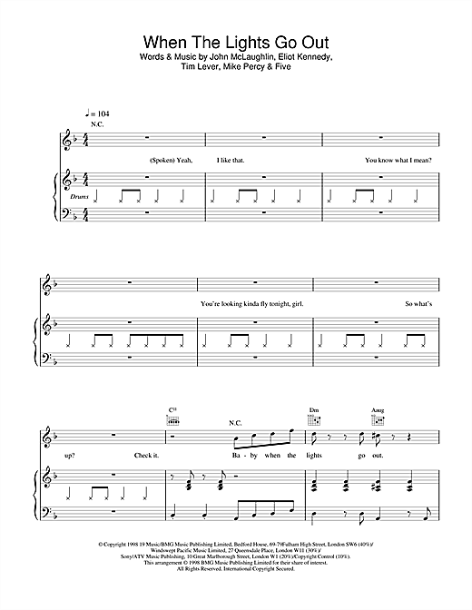 Preview Five When The Lights Go Out Pop sheet music, notes and chords for Piano, Vocal & Guitar, SKU: 18591 sheet music, piano notes, chords, guitar tabs, score, transpose, transcribe, how to play, guide, download, learn, tutorial, progression, song, artist, awards, billboard, mtv, vh1, tour, single, album, release