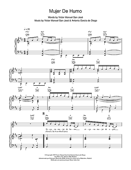 Preview Victor Manuel San José Mujer De Humo Rock sheet music, notes and chords for Piano, Vocal & Guitar, SKU: 18593 sheet music, piano notes, chords, guitar tabs, score, transpose, transcribe, how to play, guide, download, learn, tutorial, progression, song, artist, awards, billboard, mtv, vh1, tour, single, album, release
