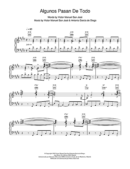 Preview Victor Manuel San José Algunos Pasan De Todo Rock sheet music, notes and chords for Piano, Vocal & Guitar, SKU: 18595 sheet music, piano notes, chords, guitar tabs, score, transpose, transcribe, how to play, guide, download, learn, tutorial, progression, song, artist, awards, billboard, mtv, vh1, tour, single, album, release