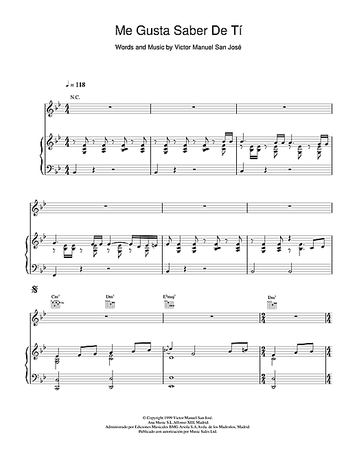 Preview Victor Manuel San José Me Gusta Saber De Tí Rock sheet music, notes and chords for Piano, Vocal & Guitar, SKU: 18598 sheet music, piano notes, chords, guitar tabs, score, transpose, transcribe, how to play, guide, download, learn, tutorial, progression, song, artist, awards, billboard, mtv, vh1, tour, single, album, release