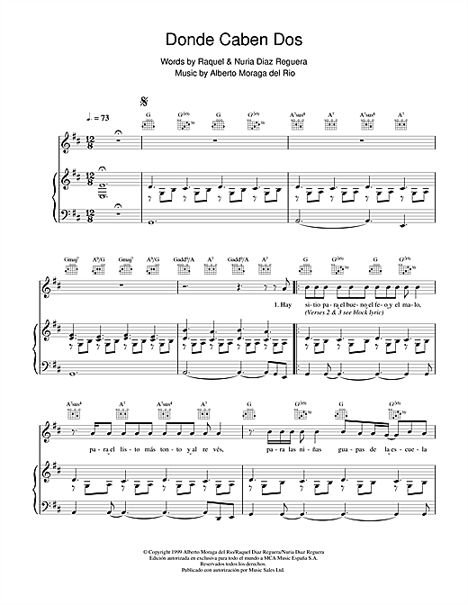Preview Victor Manuel San José Donde Caben Dos Rock sheet music, notes and chords for Piano, Vocal & Guitar, SKU: 18599 sheet music, piano notes, chords, guitar tabs, score, transpose, transcribe, how to play, guide, download, learn, tutorial, progression, song, artist, awards, billboard, mtv, vh1, tour, single, album, release