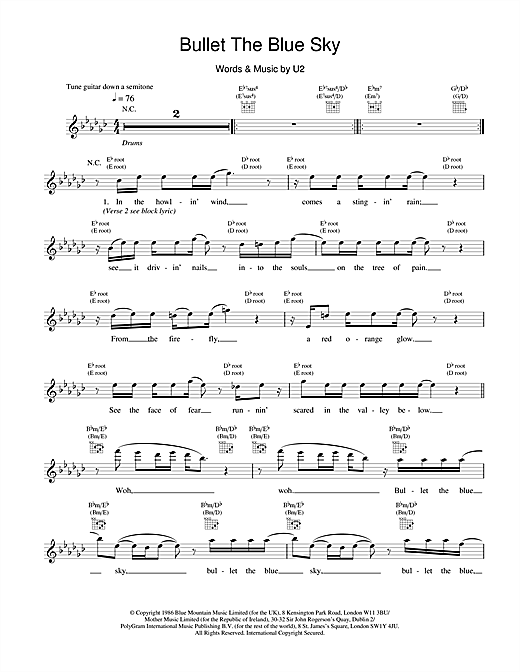 Preview U2 Bullet The Blue Sky Rock sheet music, notes and chords for Melody Line, Lyrics & Chords, SKU: 18600 sheet music, piano notes, chords, guitar tabs, score, transpose, transcribe, how to play, guide, download, learn, tutorial, progression, song, artist, awards, billboard, mtv, vh1, tour, single, album, release
