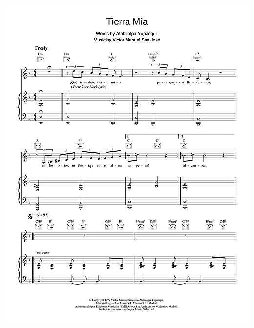 Preview Victor Manuel San José Tierra Mía Rock sheet music, notes and chords for Piano, Vocal & Guitar, SKU: 18601 sheet music, piano notes, chords, guitar tabs, score, transpose, transcribe, how to play, guide, download, learn, tutorial, progression, song, artist, awards, billboard, mtv, vh1, tour, single, album, release