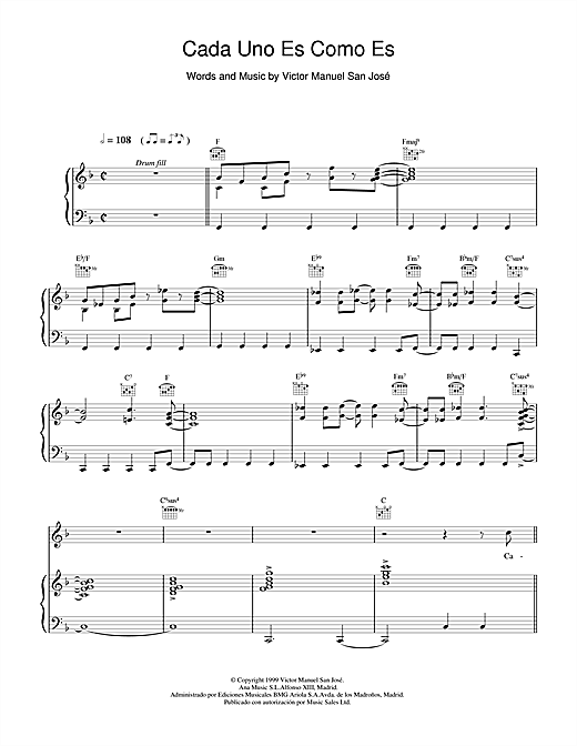 Preview Victor Manuel San José Cada Uno Es Como Es Rock sheet music, notes and chords for Piano, Vocal & Guitar, SKU: 18603 sheet music, piano notes, chords, guitar tabs, score, transpose, transcribe, how to play, guide, download, learn, tutorial, progression, song, artist, awards, billboard, mtv, vh1, tour, single, album, release