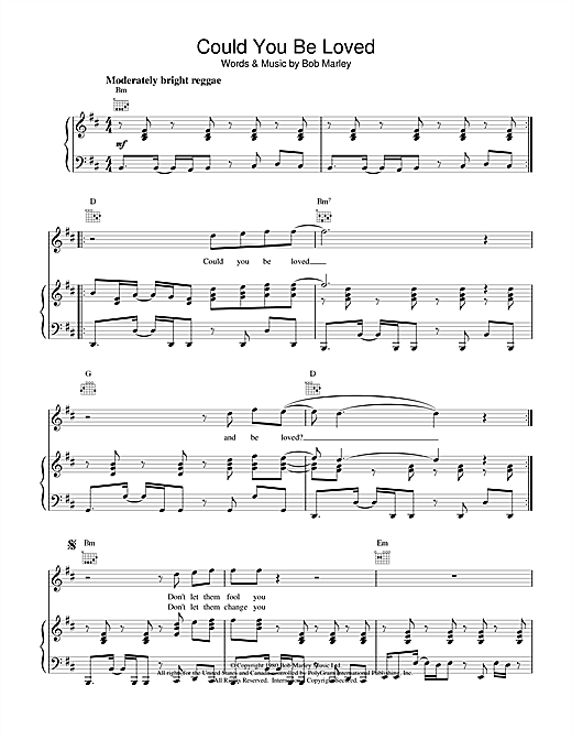 Preview Bob Marley Could You Be Loved Reggae sheet music, notes and chords for Piano, Vocal & Guitar (Right-Hand Melody), SKU: 18606 sheet music, piano notes, chords, guitar tabs, score, transpose, transcribe, how to play, guide, download, learn, tutorial, progression, song, artist, awards, billboard, mtv, vh1, tour, single, album, release