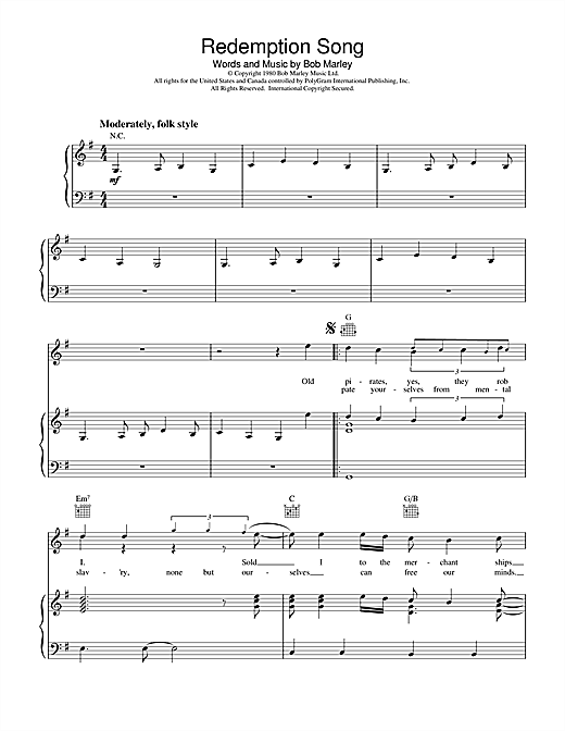 Preview Bob Marley Redemption Song Reggae sheet music, notes and chords for Piano, Vocal & Guitar (Right-Hand Melody), SKU: 18609 sheet music, piano notes, chords, guitar tabs, score, transpose, transcribe, how to play, guide, download, learn, tutorial, progression, song, artist, awards, billboard, mtv, vh1, tour, single, album, release