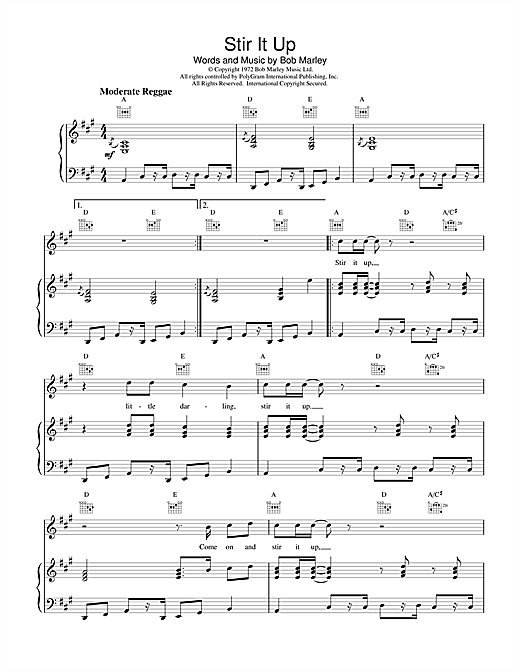 Preview Bob Marley Stir It Up Reggae sheet music, notes and chords for Piano, Vocal & Guitar (Right-Hand Melody), SKU: 18610 sheet music, piano notes, chords, guitar tabs, score, transpose, transcribe, how to play, guide, download, learn, tutorial, progression, song, artist, awards, billboard, mtv, vh1, tour, single, album, release