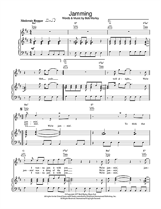 Preview Bob Marley Jamming Reggae sheet music, notes and chords for Piano, Vocal & Guitar (Right-Hand Melody), SKU: 18611 sheet music, piano notes, chords, guitar tabs, score, transpose, transcribe, how to play, guide, download, learn, tutorial, progression, song, artist, awards, billboard, mtv, vh1, tour, single, album, release
