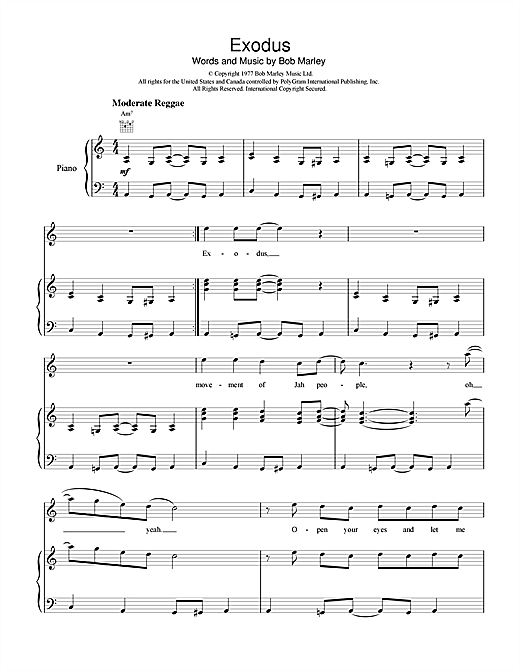 Preview Bob Marley Exodus Reggae sheet music, notes and chords for Piano, Vocal & Guitar (Right-Hand Melody), SKU: 18614 sheet music, piano notes, chords, guitar tabs, score, transpose, transcribe, how to play, guide, download, learn, tutorial, progression, song, artist, awards, billboard, mtv, vh1, tour, single, album, release
