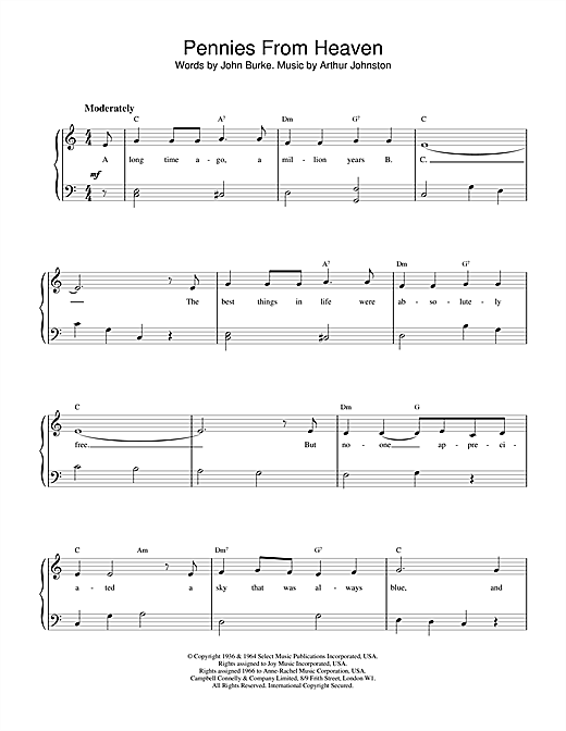 Preview Bing Crosby Pennies From Heaven Easy Listening sheet music, notes and chords for Piano, SKU: 18619 sheet music, piano notes, chords, guitar tabs, score, transpose, transcribe, how to play, guide, download, learn, tutorial, progression, song, artist, awards, billboard, mtv, vh1, tour, single, album, release