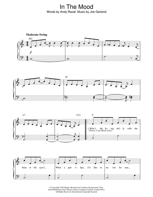 Preview Glenn Miller In The Mood Jazz sheet music, notes and chords for Piano, SKU: 18625 sheet music, piano notes, chords, guitar tabs, score, transpose, transcribe, how to play, guide, download, learn, tutorial, progression, song, artist, awards, billboard, mtv, vh1, tour, single, album, release