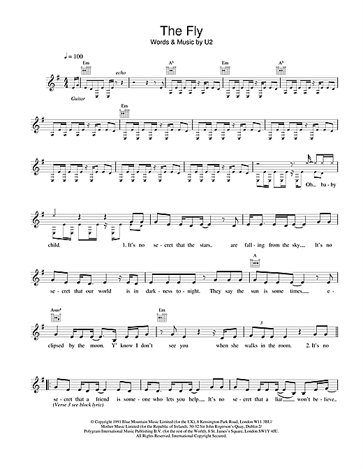 Preview U2 The Fly Rock sheet music, notes and chords for Melody Line, Lyrics & Chords, SKU: 18627 sheet music, piano notes, chords, guitar tabs, score, transpose, transcribe, how to play, guide, download, learn, tutorial, progression, song, artist, awards, billboard, mtv, vh1, tour, single, album, release