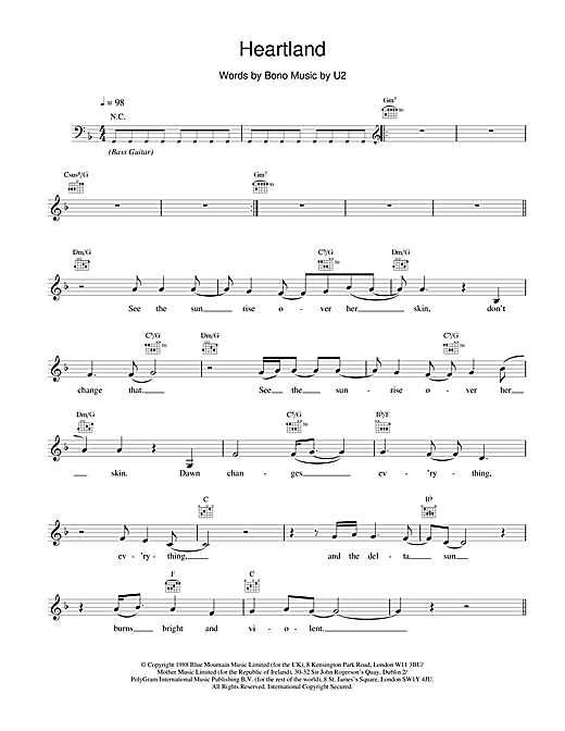 Preview U2 Heartland Rock sheet music, notes and chords for Melody Line, Lyrics & Chords, SKU: 18628 sheet music, piano notes, chords, guitar tabs, score, transpose, transcribe, how to play, guide, download, learn, tutorial, progression, song, artist, awards, billboard, mtv, vh1, tour, single, album, release