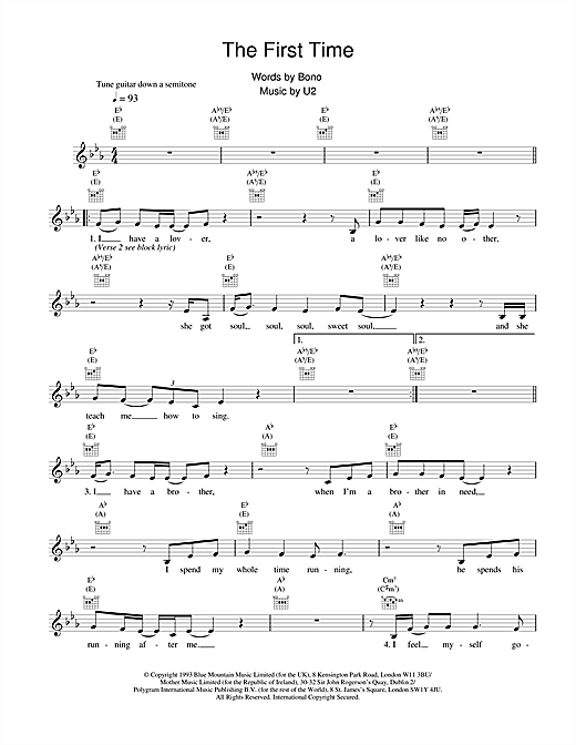 Preview U2 The First Time Rock sheet music, notes and chords for Melody Line, Lyrics & Chords, SKU: 18630 sheet music, piano notes, chords, guitar tabs, score, transpose, transcribe, how to play, guide, download, learn, tutorial, progression, song, artist, awards, billboard, mtv, vh1, tour, single, album, release