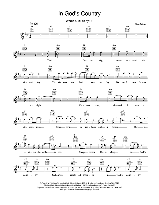 Preview U2 In God's Country Rock sheet music, notes and chords for Melody Line, Lyrics & Chords, SKU: 18633 sheet music, piano notes, chords, guitar tabs, score, transpose, transcribe, how to play, guide, download, learn, tutorial, progression, song, artist, awards, billboard, mtv, vh1, tour, single, album, release