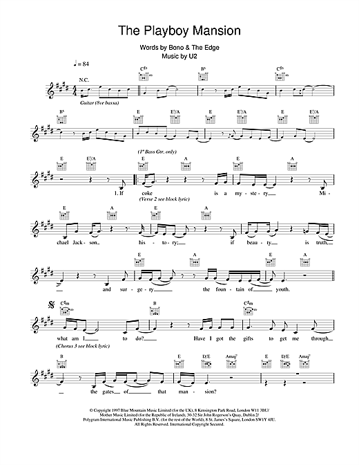 Preview U2 The Playboy Mansion Rock sheet music, notes and chords for Melody Line, Lyrics & Chords, SKU: 18636 sheet music, piano notes, chords, guitar tabs, score, transpose, transcribe, how to play, guide, download, learn, tutorial, progression, song, artist, awards, billboard, mtv, vh1, tour, single, album, release