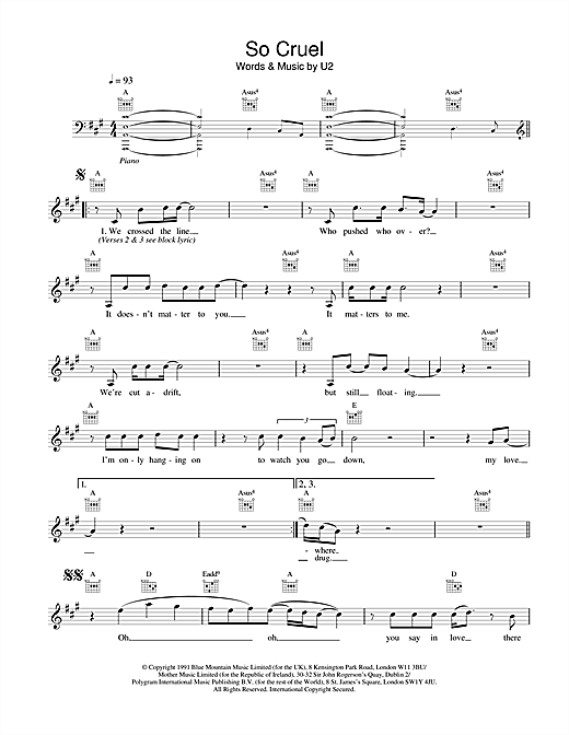 Preview U2 So Cruel Rock sheet music, notes and chords for Melody Line, Lyrics & Chords, SKU: 18638 sheet music, piano notes, chords, guitar tabs, score, transpose, transcribe, how to play, guide, download, learn, tutorial, progression, song, artist, awards, billboard, mtv, vh1, tour, single, album, release