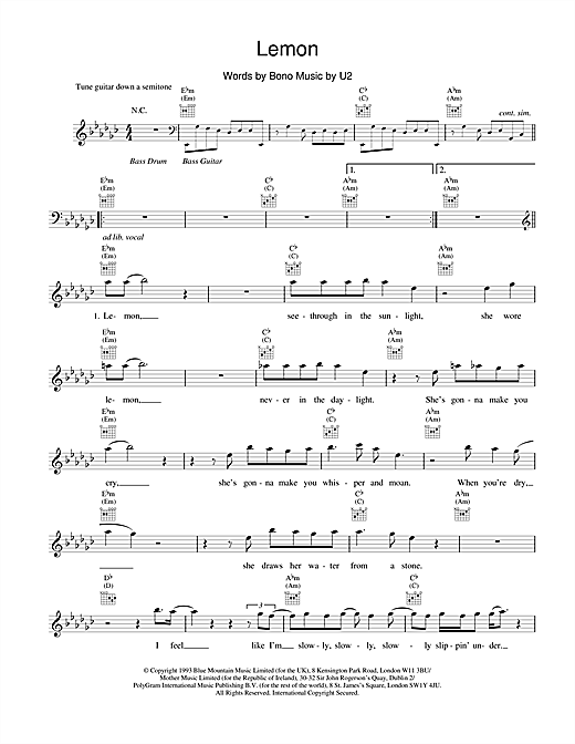Preview U2 Lemon Rock sheet music, notes and chords for Melody Line, Lyrics & Chords, SKU: 18639 sheet music, piano notes, chords, guitar tabs, score, transpose, transcribe, how to play, guide, download, learn, tutorial, progression, song, artist, awards, billboard, mtv, vh1, tour, single, album, release
