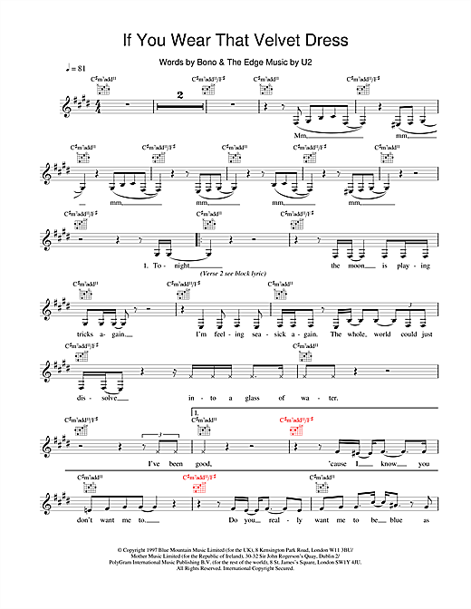 Preview U2 If You Wear That Velvet Dress Rock sheet music, notes and chords for Melody Line, Lyrics & Chords, SKU: 18642 sheet music, piano notes, chords, guitar tabs, score, transpose, transcribe, how to play, guide, download, learn, tutorial, progression, song, artist, awards, billboard, mtv, vh1, tour, single, album, release