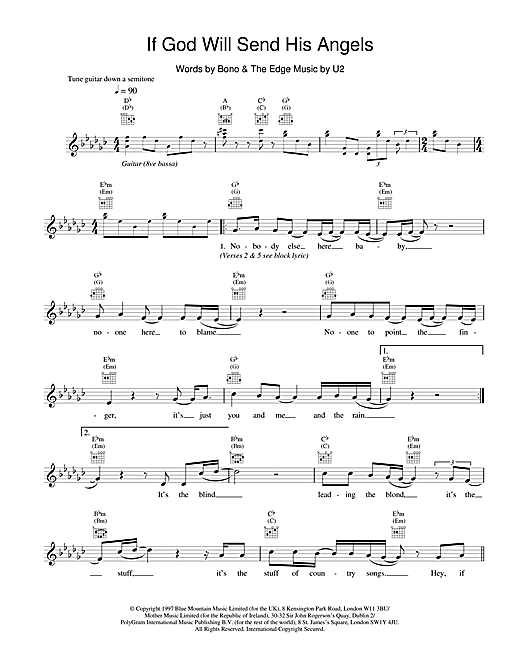 Preview U2 If God Will Send His Angels Rock sheet music, notes and chords for Melody Line, Lyrics & Chords, SKU: 18643 sheet music, piano notes, chords, guitar tabs, score, transpose, transcribe, how to play, guide, download, learn, tutorial, progression, song, artist, awards, billboard, mtv, vh1, tour, single, album, release