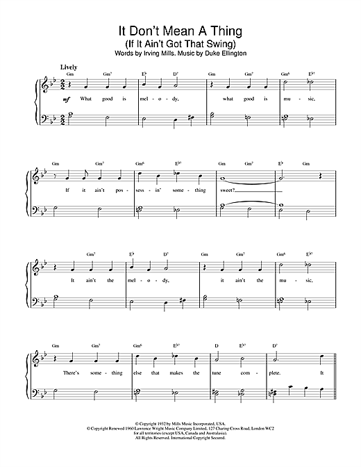 Preview Duke Ellington It Don't Mean A Thing (If It Ain't Got That Swing) Jazz sheet music, notes and chords for Piano, SKU: 18644 sheet music, piano notes, chords, guitar tabs, score, transpose, transcribe, how to play, guide, download, learn, tutorial, progression, song, artist, awards, billboard, mtv, vh1, tour, single, album, release