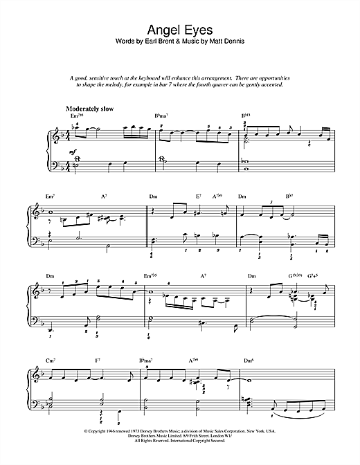 Preview Earl Brent & Matt Dennis Angel Eyes Jazz sheet music, notes and chords for Piano, SKU: 18647 sheet music, piano notes, chords, guitar tabs, score, transpose, transcribe, how to play, guide, download, learn, tutorial, progression, song, artist, awards, billboard, mtv, vh1, tour, single, album, release
