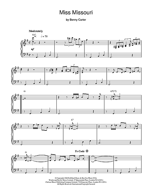 Preview Benny Carter Miss Missouri Jazz sheet music, notes and chords for Piano, SKU: 18648 sheet music, piano notes, chords, guitar tabs, score, transpose, transcribe, how to play, guide, download, learn, tutorial, progression, song, artist, awards, billboard, mtv, vh1, tour, single, album, release