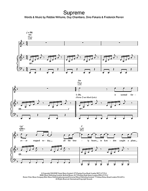 Preview Robbie Williams Supreme Pop sheet music, notes and chords for Piano, Vocal & Guitar, SKU: 18653 sheet music, piano notes, chords, guitar tabs, score, transpose, transcribe, how to play, guide, download, learn, tutorial, progression, song, artist, awards, billboard, mtv, vh1, tour, single, album, release