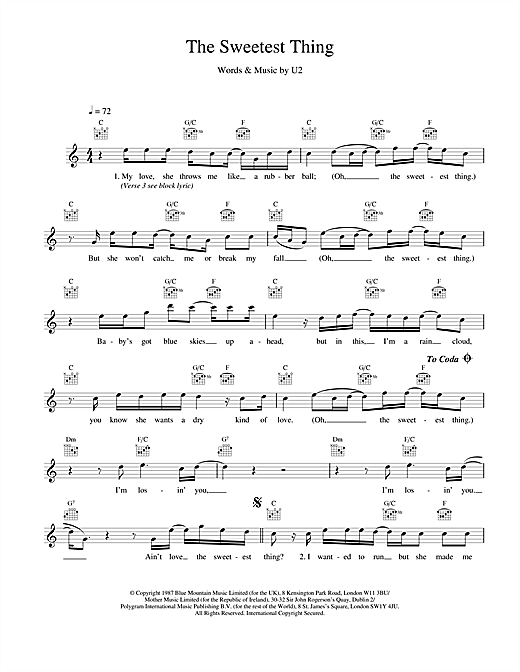 Preview U2 The Sweetest Thing Rock sheet music, notes and chords for Melody Line, Lyrics & Chords, SKU: 18655 sheet music, piano notes, chords, guitar tabs, score, transpose, transcribe, how to play, guide, download, learn, tutorial, progression, song, artist, awards, billboard, mtv, vh1, tour, single, album, release