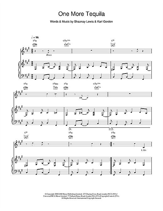 Preview All Saints One More Tequila R & B sheet music, notes and chords for Piano, Vocal & Guitar, SKU: 18663 sheet music, piano notes, chords, guitar tabs, score, transpose, transcribe, how to play, guide, download, learn, tutorial, progression, song, artist, awards, billboard, mtv, vh1, tour, single, album, release