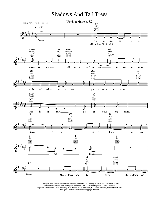 Preview U2 Shadows And Tall Trees Rock sheet music, notes and chords for Melody Line, Lyrics & Chords, SKU: 18665 sheet music, piano notes, chords, guitar tabs, score, transpose, transcribe, how to play, guide, download, learn, tutorial, progression, song, artist, awards, billboard, mtv, vh1, tour, single, album, release
