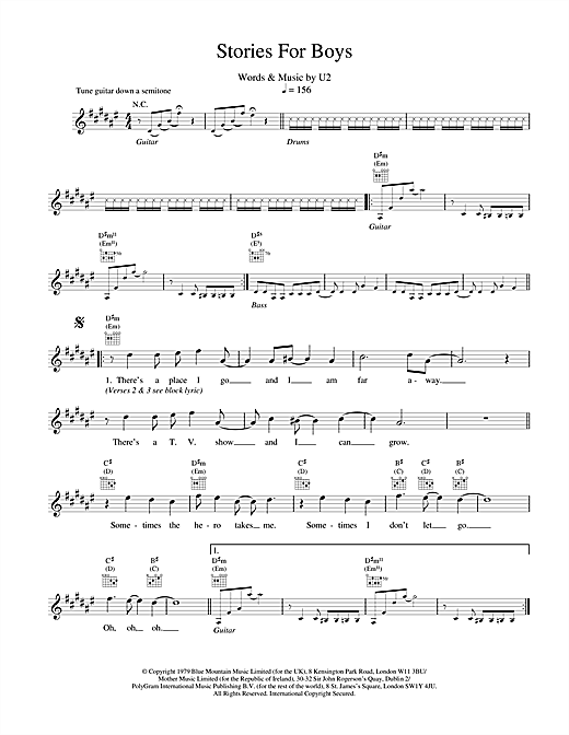 Preview U2 Stories For Boys Rock sheet music, notes and chords for Melody Line, Lyrics & Chords, SKU: 18666 sheet music, piano notes, chords, guitar tabs, score, transpose, transcribe, how to play, guide, download, learn, tutorial, progression, song, artist, awards, billboard, mtv, vh1, tour, single, album, release