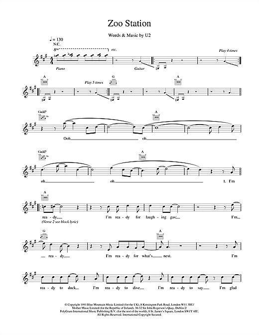 Preview U2 Zoo Station Rock sheet music, notes and chords for Melody Line, Lyrics & Chords, SKU: 18669 sheet music, piano notes, chords, guitar tabs, score, transpose, transcribe, how to play, guide, download, learn, tutorial, progression, song, artist, awards, billboard, mtv, vh1, tour, single, album, release