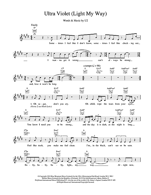 Preview U2 Ultra Violet (Light My Way) Rock sheet music, notes and chords for Melody Line, Lyrics & Chords, SKU: 18672 sheet music, piano notes, chords, guitar tabs, score, transpose, transcribe, how to play, guide, download, learn, tutorial, progression, song, artist, awards, billboard, mtv, vh1, tour, single, album, release