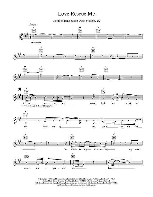 Preview U2 with Bob Dylan Love Rescue Me Rock sheet music, notes and chords for Melody Line, Lyrics & Chords, SKU: 18675 sheet music, piano notes, chords, guitar tabs, score, transpose, transcribe, how to play, guide, download, learn, tutorial, progression, song, artist, awards, billboard, mtv, vh1, tour, single, album, release